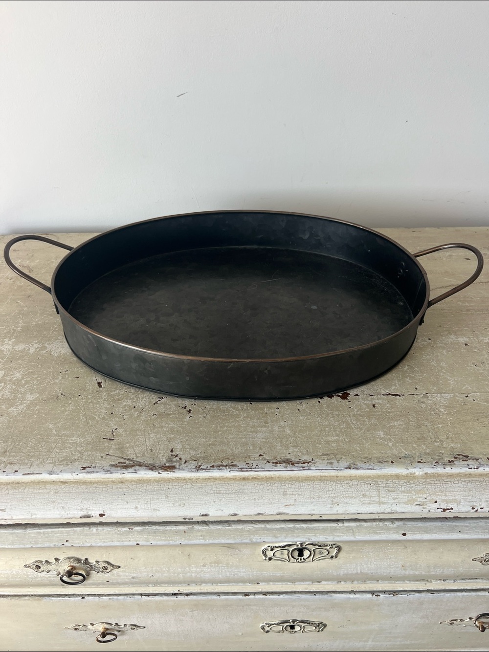 Pottery Barn Oval Metal Serving Tray in Blackened Gray with Bronze Handles